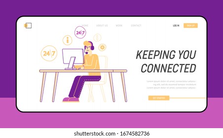 Hotline Call Center Customer Service Landing Page Template. Technical Support Specialist Character in Headset Work on Computer. Operator and Client Online Communication. Linear Vector Illustration