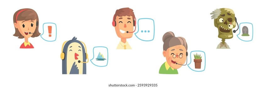 Hotline Call Center Man, Woman and Zombie Operator at Support Department Vector Set