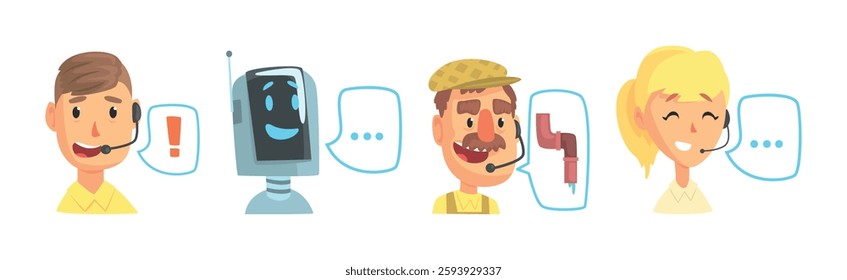 Hotline Call Center Man, Woman and Robot Operator at Support Department Vector Set