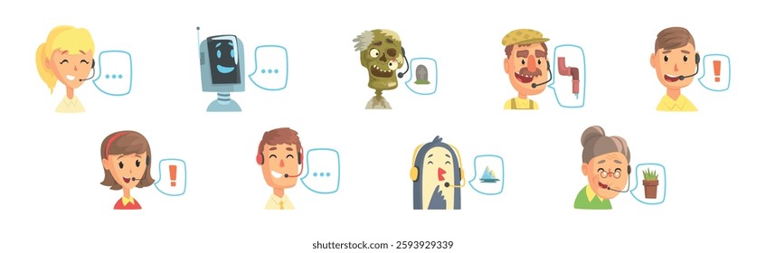 Hotline Call Center Man and Woman Operator at Support Department Vector Set