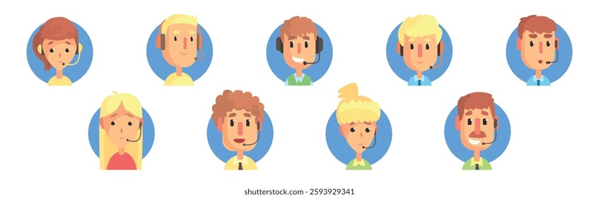 Hotline Call Center Man and Woman Operator at Support Department Vector Set