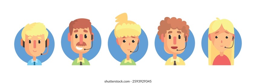 Hotline Call Center Man and Woman Operator at Support Department Vector Set