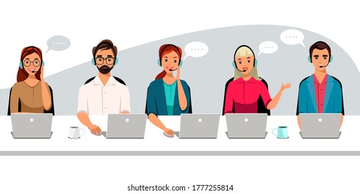 Hotline Call center. Men, women at support department advises customers. Office workers in headphones with microphones and laptops. Operator online help, feedback vector concept