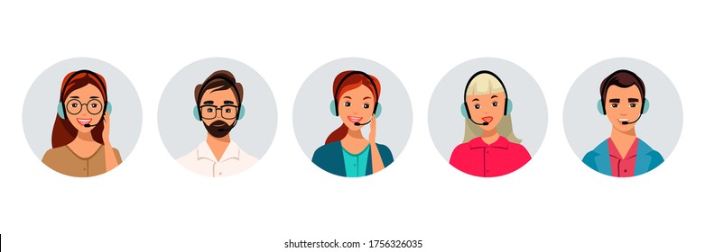 Hotline Call center. Portrait of man, woman at support department. Office workers in headphones with microphone. Operator online help, advises customers, feedback concept. Vector illustration
