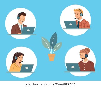 Hotline Call center. Portrait men and women at support department. Icon set of Office workers in headphones with microphone. Operator online help, advises customers