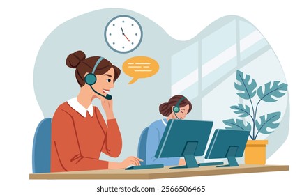 Hotline Call center. Portrait of women at support department. Office workers in headphones with microphone. Operator online help, advises customers, feedback concept