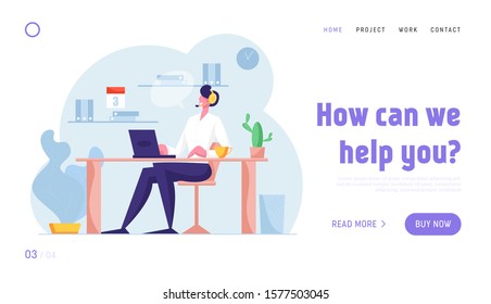 Hotline Call Center Website Landing Page. Customer Service Staff in Headset Work on Computer. Operator and Client Communication, Technical Support Web Page Banner. Cartoon Flat Vector Illustration