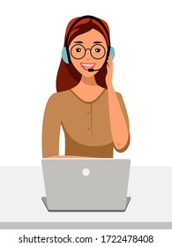 Hotline Call center. Woman helps online, answer question. Office worker in headphones with microphone and laptop. Support department advises customers, feedback concept. Vector character illustration