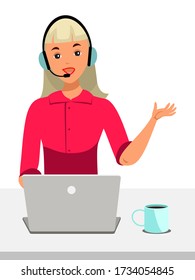 Hotline Call center. Woman helps online, answer question. Office worker in headphones with microphone and laptop. Support department advises customers, feedback concept. Vector character illustration