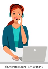 Hotline Call center. Woman helps online, answer question. Office worker in headphones with microphone and laptop. Support department advises customers, feedback concept. Vector character illustration