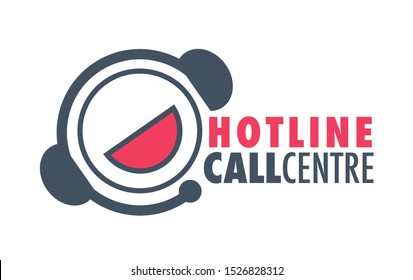 Hotline call centre red and grey service provider logo with microphone headset, graphic vector design concept on white background