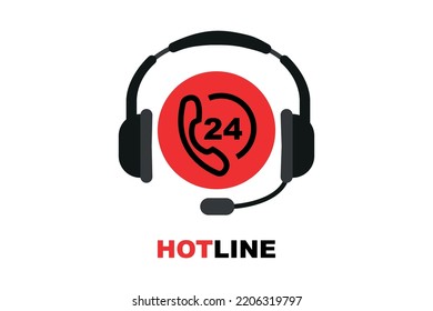 Hotline cell phone icon with headphones. 24 hour call service. Hotline support service. 24 hour service. Flat style logotype graphic design isolated on white background
