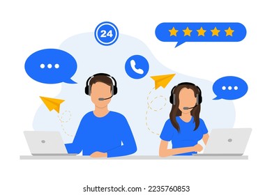 Hotline, customer support, call center. Hotline operators with headset is sitting at her computer and  talking with client. Online support 24 hours. Online customer service. Vector Illustration