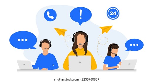 Hotline, customer support, call center. Hotline operators with headset is sitting at her computer and  talking with client. Online support 24 hours. Online customer service. Vector Illustration