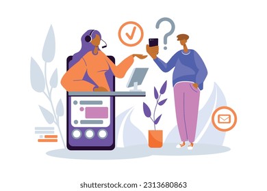 Hotline employee providing technical support to caller. Help desk worker in headset responding to male customer questions during telephone conversation. Vector illustration