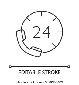 Hotline linear icon. Thin line illustration. Call center. 24 hours phone support. Contour symbol. Vector isolated outline drawing. Editable stroke