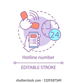 Hotline Number Concept Icon. 24-hour Telephone Support Idea Thin Line Illustration. Violence, Suicide Prevention. Call Center, Helpline. Vector Isolated Outline Drawing. Editable Stroke