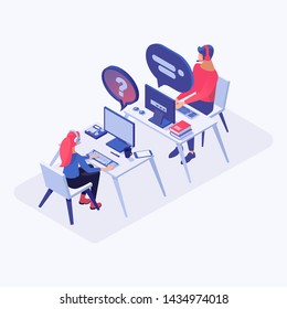 Hotline office workers vector isometric illustration. Call center operators, chat manager in headset at workplace, consultant managers 3d cartoon characters. Email, live support assistance