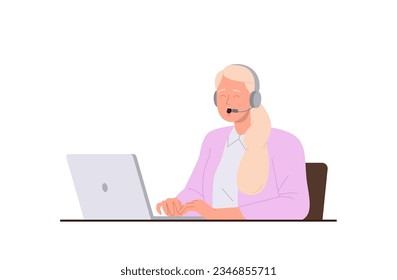 Asesora de operador de línea directa asesora de personajes de caricatura femenina para resolver problemas de clientes en laptop