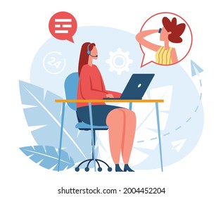 Hotline operator. Call center worker in headset talking to client. Customer service, online consultant, technical support vector concept. Company assistant at helpdesk consulting user