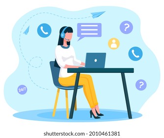 Hotline operator concept. Woman sitting at a laptop, taking calls from users and answering questions. Help and solution of the problem. Cartoon flat vector illustration isolated on a white background