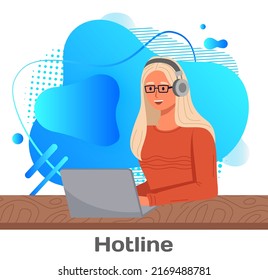 Hotline operator, consultation by phone. Female hotline operator advises client. Customer service. Online global technical support 24 hours. Helping clients, call center. Support talking to buyer