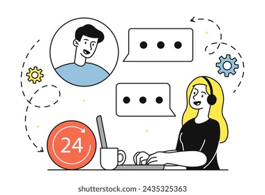 Hotline operator doodle. Woman in headphones with laptop. Communication and answers to questions. Technical support and assistance. Simple flat vector illustration isolated on white background