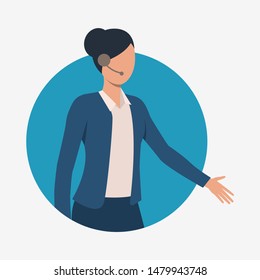 Hotline operator explaining and gesticulating. Customer support phone worker with headset, 24 7 hotline, female. Customer support concept. Vector illustration for presentation slide, poster, projects