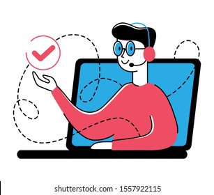 Hotline operator with headphones, microphone and laptop. Concept for customer service, support, call center. Idea for web page, banner, social media, presentation. Vector illustration in flat style