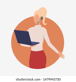 Hotline operator holding laptop and explaining. Customer support phone worker with headset, 24 hours 7 days, female. Customer support concept. Vector illustration for presentation slide, poster