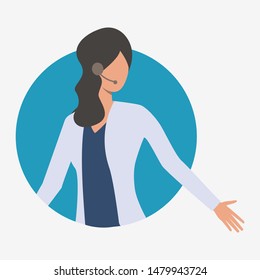 Hotline operator holding out her hand. Customer support phone worker with headset, 24 and 7 hotline, female. Customer support concept. Vector illustration for presentation slide, poster, new projects