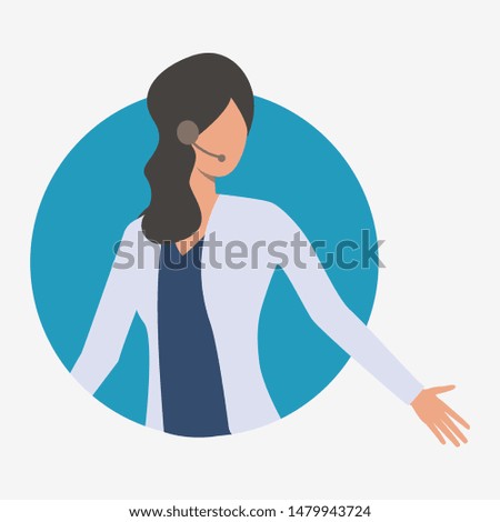 Hotline operator holding out her hand. Customer support phone worker with headset, 24 and 7 hotline, female. Customer support concept. Vector illustration for presentation slide, poster, new projects