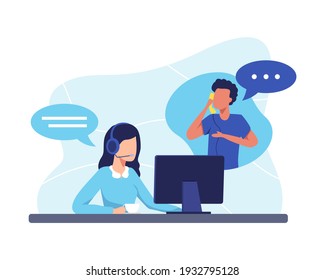 Hotline operator illustration concept. Female hotline operator advises client, Customer service, Customer and operator. Online global technical support 24 hours. Vector illustration in a flat style