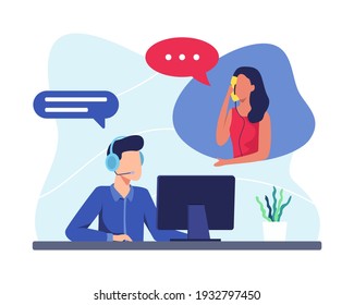 Hotline operator illustration concept. Male hotline operator advises client, Customer service, Customer and operator. Online global technical support 24 hours. Vector illustration in a flat style