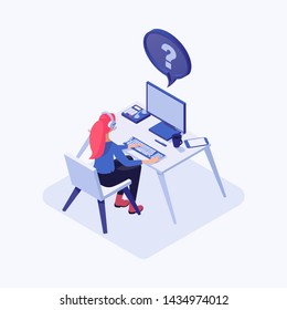 Hotline operator isometric color illustration. Female consultant, employee with headphones at workplace, online global technical support. 3d cartoon character sitting at desk working on computer