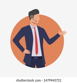 Hotline operator keeping his hand on hip. Customer support phone worker with headset, 24 and 7 hotline, male. Customer support concept. Vector illustration for presentation slide, poster, new projects