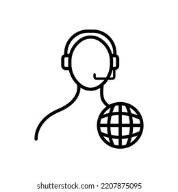 hotline operator with planet line icon. Call center, man wearing headset, worldwide, online, internet, consultation. Support service concept. White background. Vector line icon for Business.