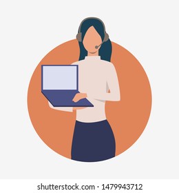 Hotline operator showing something on laptop. Customer support phone worker with headset, 24 and 7 hotline, female. Customer support concept. Vector illustration for presentation slide, poster