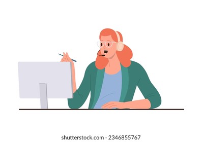 Hotline operator or telemarketer talking to client holding online videochat on laptop computer