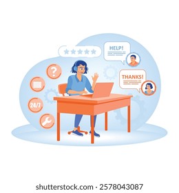 Hotline operators communicate with customers. Provides 24-hour online support service. Customer Satisfaction concept. Flat vector illustration.
