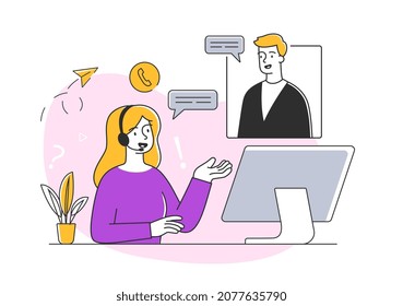 Hotline operators concept. Customer service representative talking to the client. Flat cartoon outline vector illustration