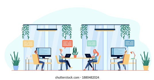 Hotline operators consulting clients flat vector illustration. Cartoon call center managers working in office. Customer support service and online calling line concept