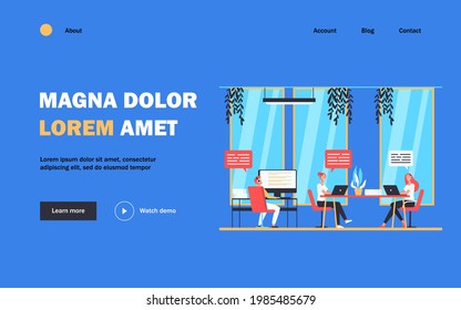 Hotline operators consulting clients flat vector illustration. Cartoon call center managers working in office. Customer support service and online calling line concept