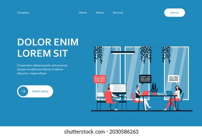 Hotline operators consulting clients flat vector illustration. Cartoon call center managers working in office. Customer support service and online calling line concept