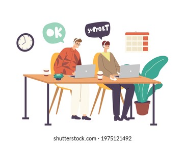 Hotline Operators Help Clients Online. Smiling Friendly Male and Female Call Center Receptionists Characters Wearing Headset Working on Customers Support Hot Line. Cartoon People Vector Illustration