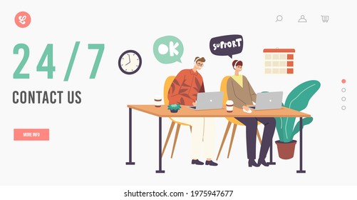 Hotline Operators Help Clients Online Landing Page Template. Smiling Call Center Receptionists Characters Wearing Headset Working on Customers Support Hot Line. Cartoon People Vector Illustration