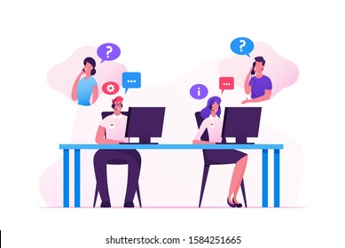 Hotline Operators Help Clients to Solve their Problems. Smiling Friendly Male and Female Call Center Receptionists with Headset Working on Support Customers Line. Cartoon Flat Vector Illustration