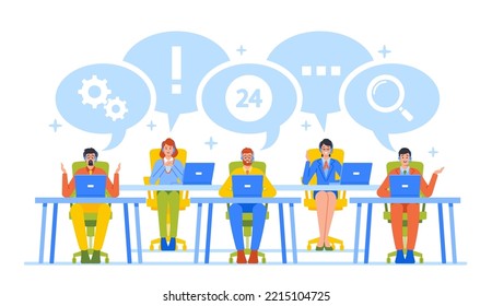 Hotline Operators Help Clients to Solve their Problems. Smiling Friendly Male and Female Call Center Receptionists with Headset Working on Support Customers Line. Cartoon People Vector Illustration