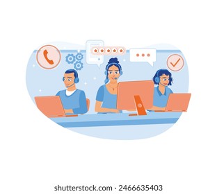 Hotline operators work in call center offices. Receive calls from clients. Hotline operator concept. Flat vector illustration.