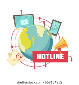 Hotline retro cartoon design with email computer mobile device megaphone around globe on white background vector illustration